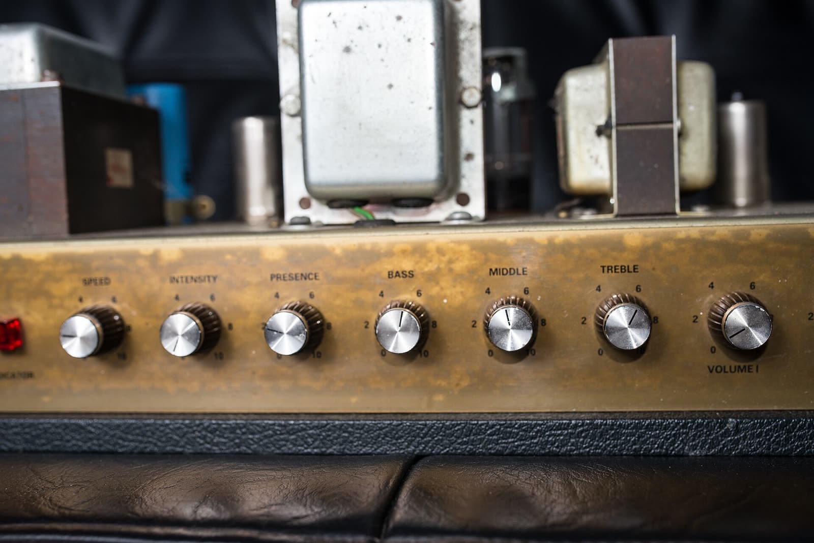 The control panel of a vintage guitar amplifier