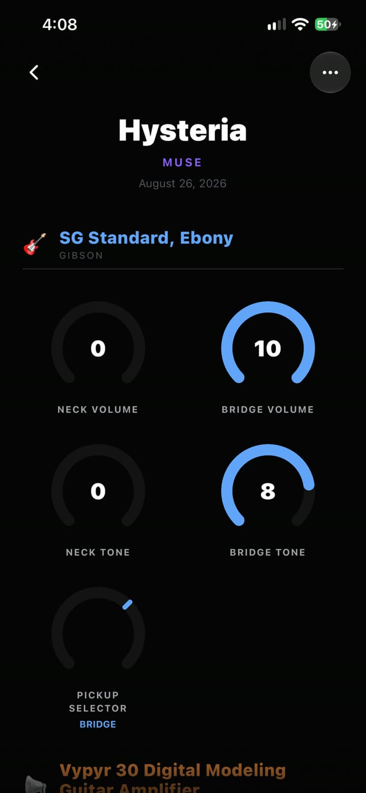 A tone in the app, with a number for every knob on the guitar
