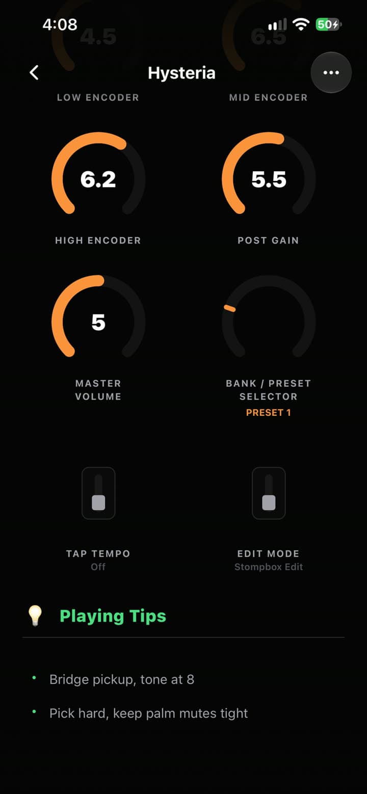The amp knobs and playing tips of the same tone
