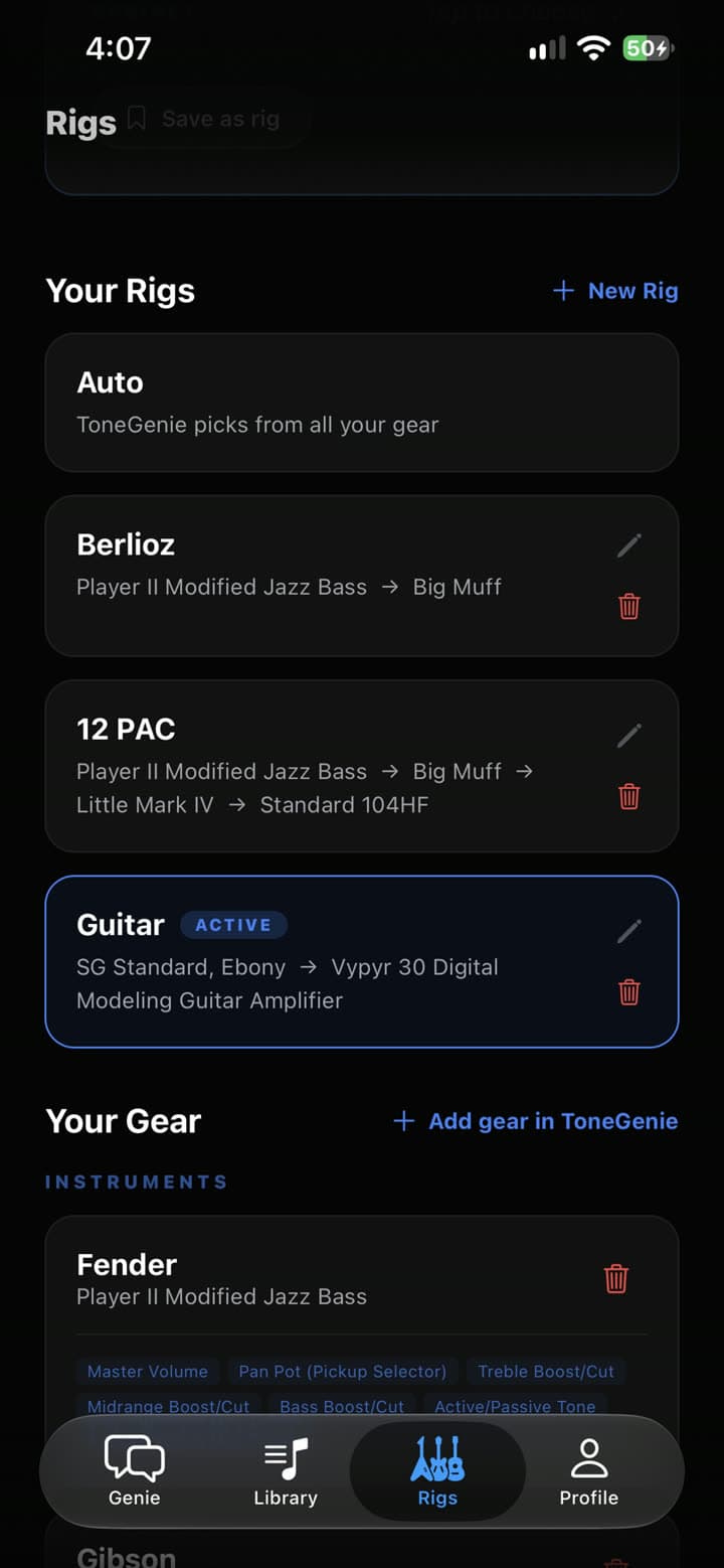 The rigs and gear saved in the app